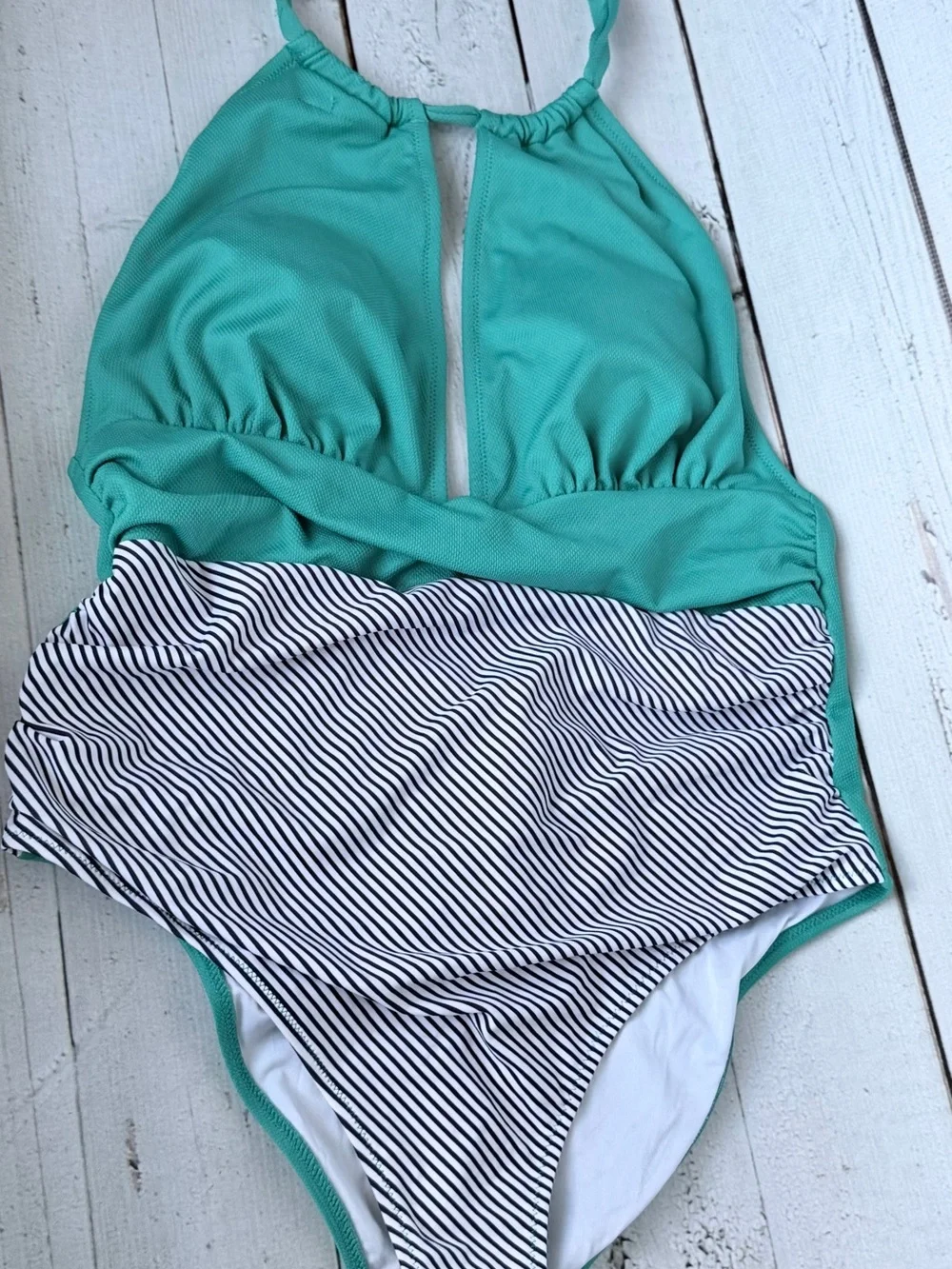 Teal Halter One-Piece Swimsuit with Navy Striped Waist - Women Swim